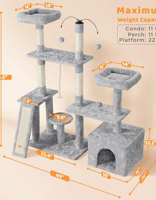 Load image into Gallery viewer, Cat Tree, 53.5 Inch Pet Play House with Sisal Scratching Posts, Condo, Perches, Wide Platform for Indoor Kittens/Adult Cats, Light Gray
