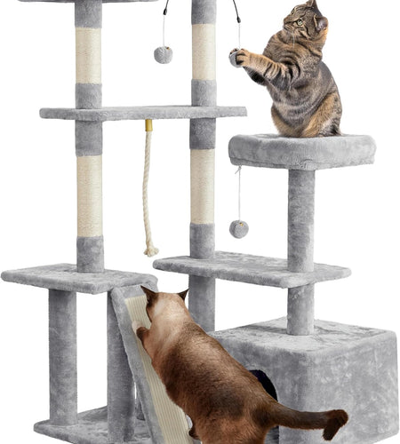 Cat Tree, 53.5 Inch Pet Play House with Sisal Scratching Posts, Condo, Perches, Wide Platform for Indoor Kittens/Adult Cats, Light Gray