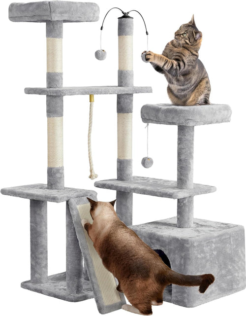 Load image into Gallery viewer, Cat Tree, 53.5 Inch Pet Play House with Sisal Scratching Posts, Condo, Perches, Wide Platform for Indoor Kittens/Adult Cats, Light Gray
