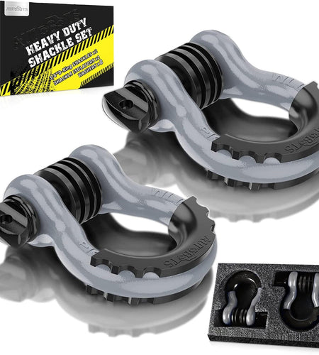 Bow Shackles 3/4" D Ring Shackle (2 Pack), 48,000Ib Break Strength with 7/8" Pin, 2 Isolator and 4 Washers Kit for Offroad Jeep Vehicle Truck Recovery Gray