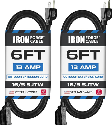 2 Pack of 6 Ft Outdoor Extension Cords - 16/3 Heavy Duty Black Extension Cord Pack