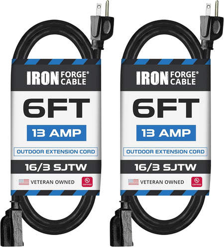 2 Pack of 6 Ft Outdoor Extension Cords - 16/3 Heavy Duty Black Extension Cord Pack