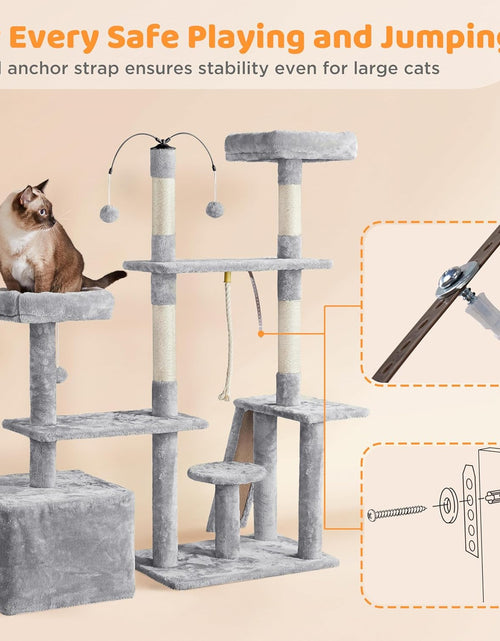 Load image into Gallery viewer, Cat Tree, 53.5 Inch Pet Play House with Sisal Scratching Posts, Condo, Perches, Wide Platform for Indoor Kittens/Adult Cats, Light Gray
