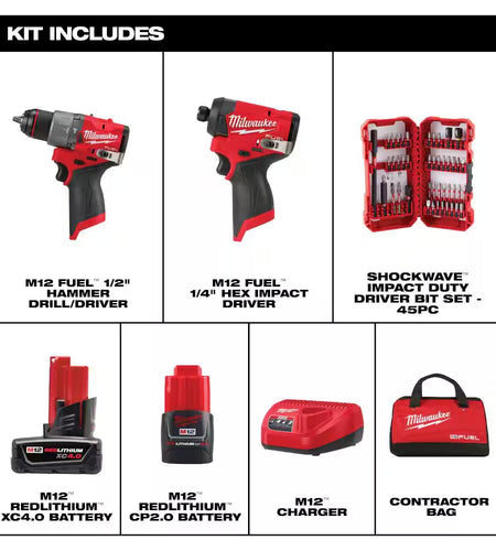 M12 FUEL 12-Volt Lithium-Ion Brushless Cordless Hammer Drill & Impact Driver Combo Kit (2-Tool) with Bit Set (45-Piece)