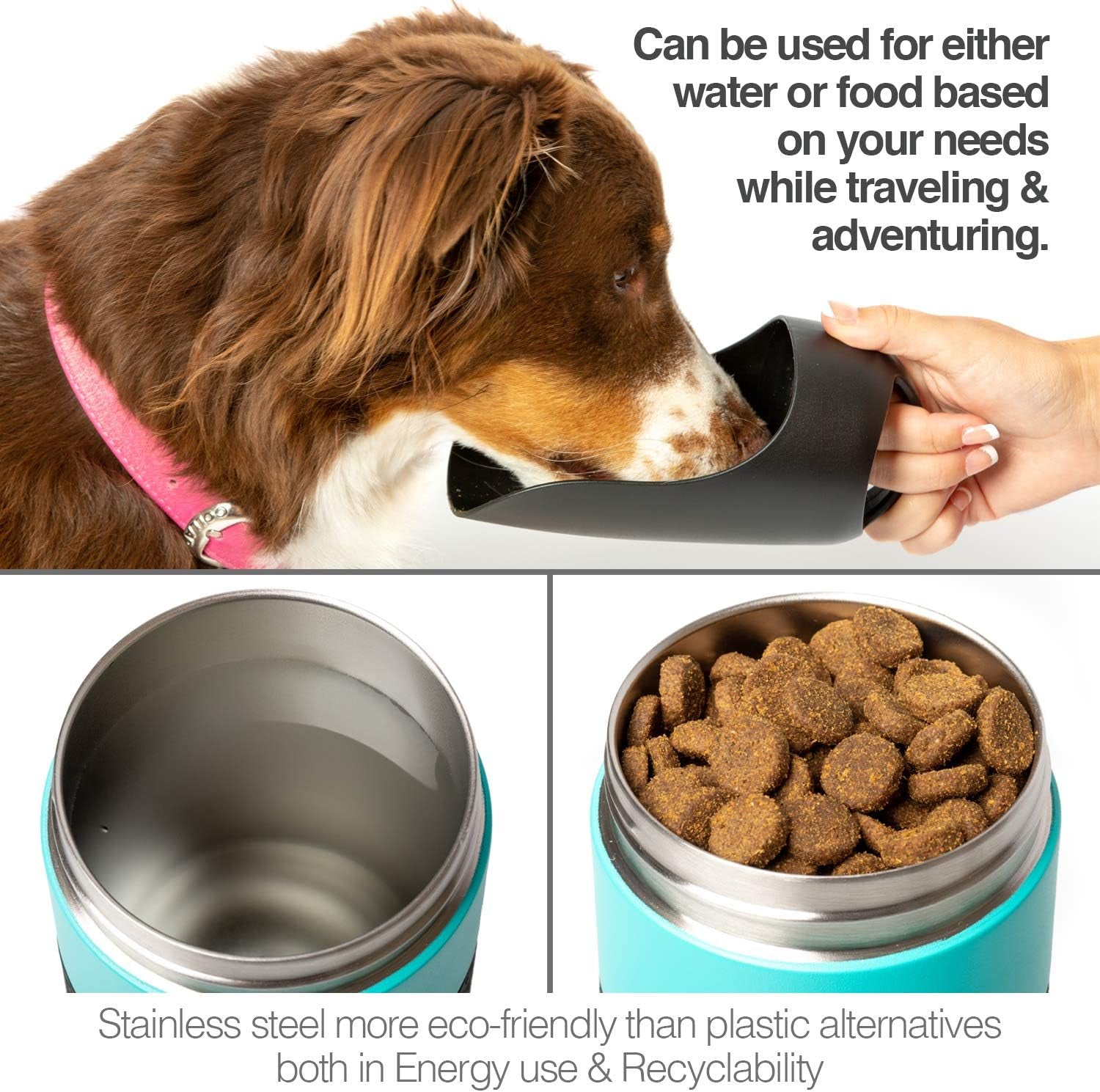 Portable Dog Water Bottle & Dog Water Bottle Dispenser (New - Large 22Oz Water & Food Dispenser) Insulated 2 Wall Stainless Steel - Optimal Cool Water Temp - Perfect Dog Travel Water Bottle