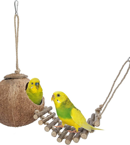 100% Natural Coconut Hideaway with Ladder, Bird and Small Animal Toy
