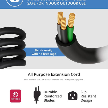 2 Pack of 6 Ft Outdoor Extension Cords - 16/3 Heavy Duty Black Extension Cord Pack