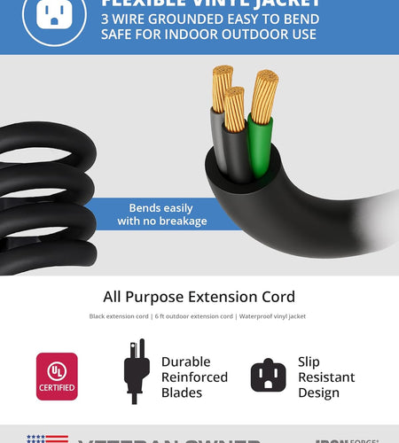 2 Pack of 6 Ft Outdoor Extension Cords - 16/3 Heavy Duty Black Extension Cord Pack