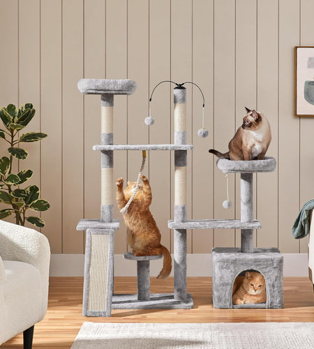 Cat Tree, 53.5 Inch Pet Play House with Sisal Scratching Posts, Condo, Perches, Wide Platform for Indoor Kittens/Adult Cats, Light Gray