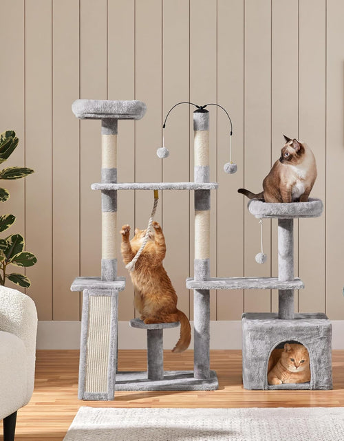 Load image into Gallery viewer, Cat Tree, 53.5 Inch Pet Play House with Sisal Scratching Posts, Condo, Perches, Wide Platform for Indoor Kittens/Adult Cats, Light Gray
